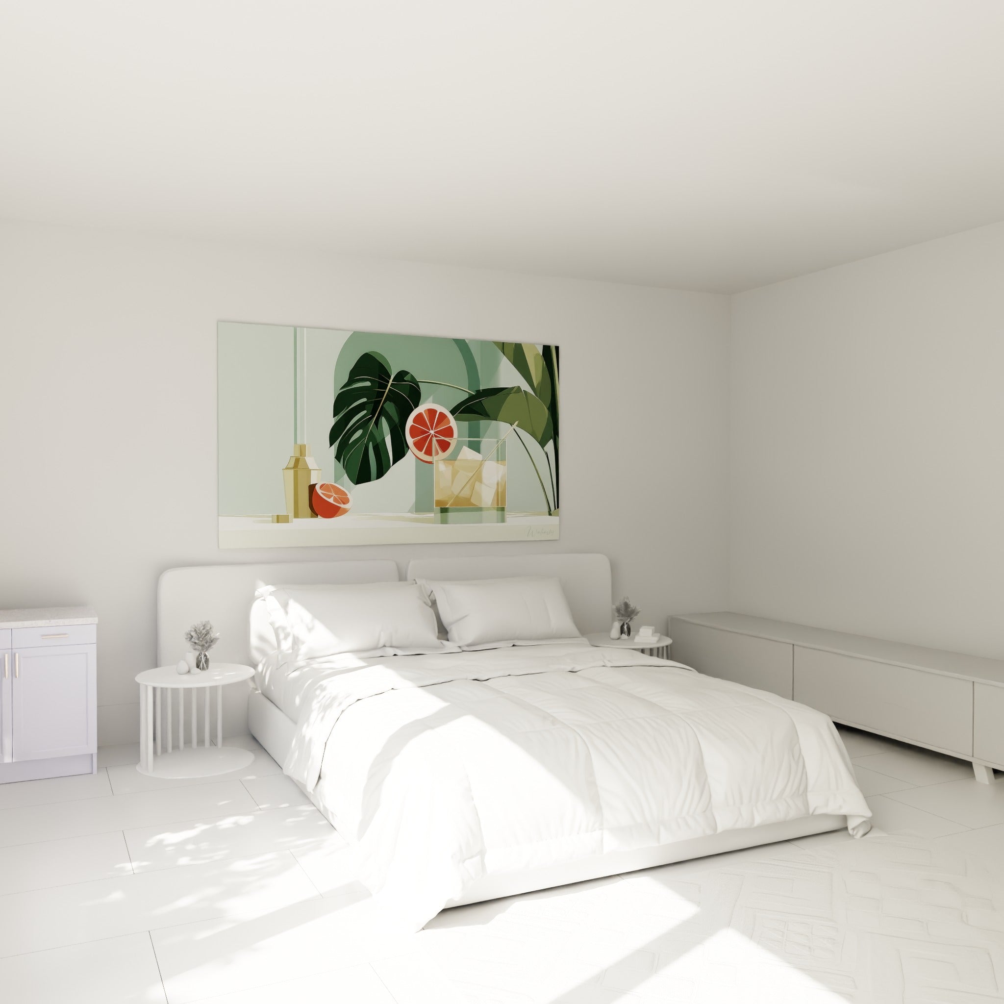 Pamplemousse rosé et feuille de monstera vert sauge accrochés au-dessus d'un lit dans une chambre claire