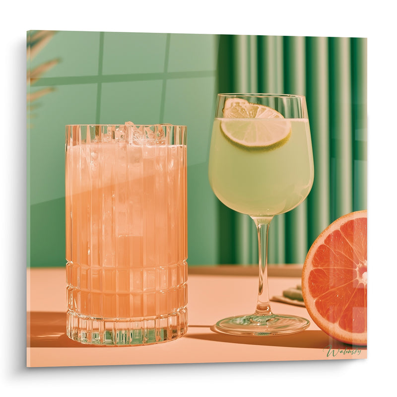 Tableau Verre taillé rose et vert au pamplemousse - Duo de verres facettés - Edition Cocktail