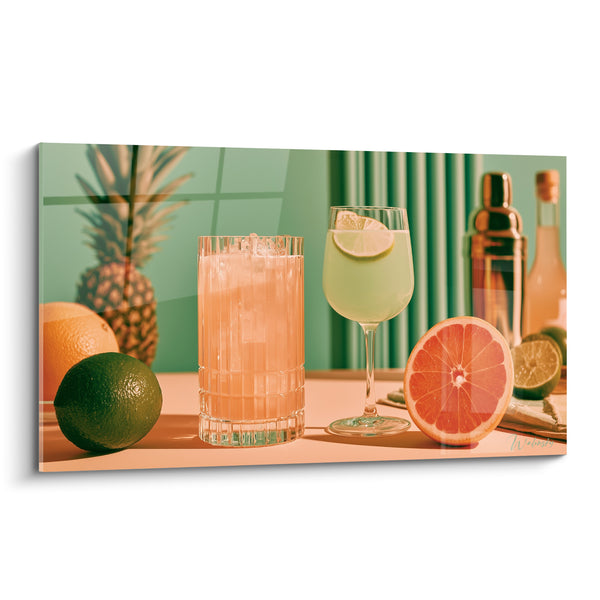 Glass Painting Rosy and Green with Sliced Grapefruit - Pineapple and Shaker in Background - Cocktail Edition