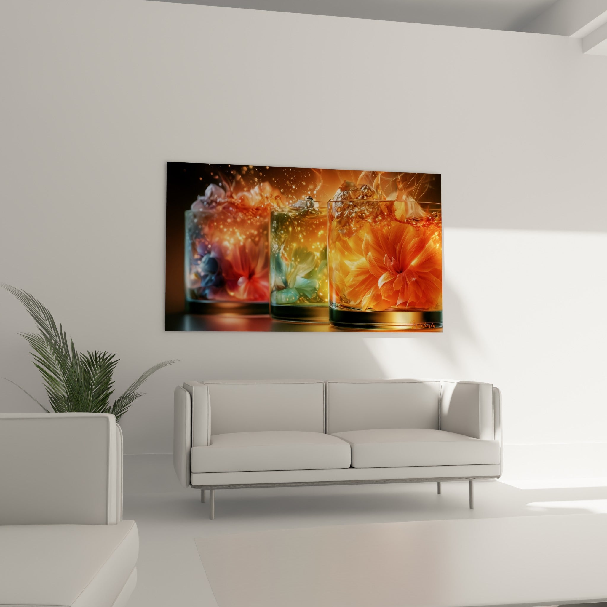 Verres scintillants aux pétales orange fauve et turquoise glacé, tableau Cocktail au-dessus d'un canapé dans un salon lumineux