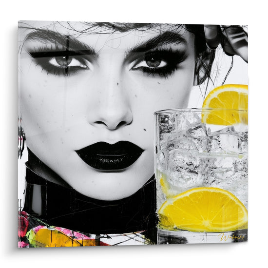 Portrait noir et blanc aux lèvres sombres près d'un verre glacé et citron jaune vif