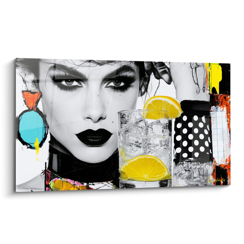 Tableau Verre transparent noir et jaune aux rondelles de citron - Portrait pop art à pois - Edition Cocktail