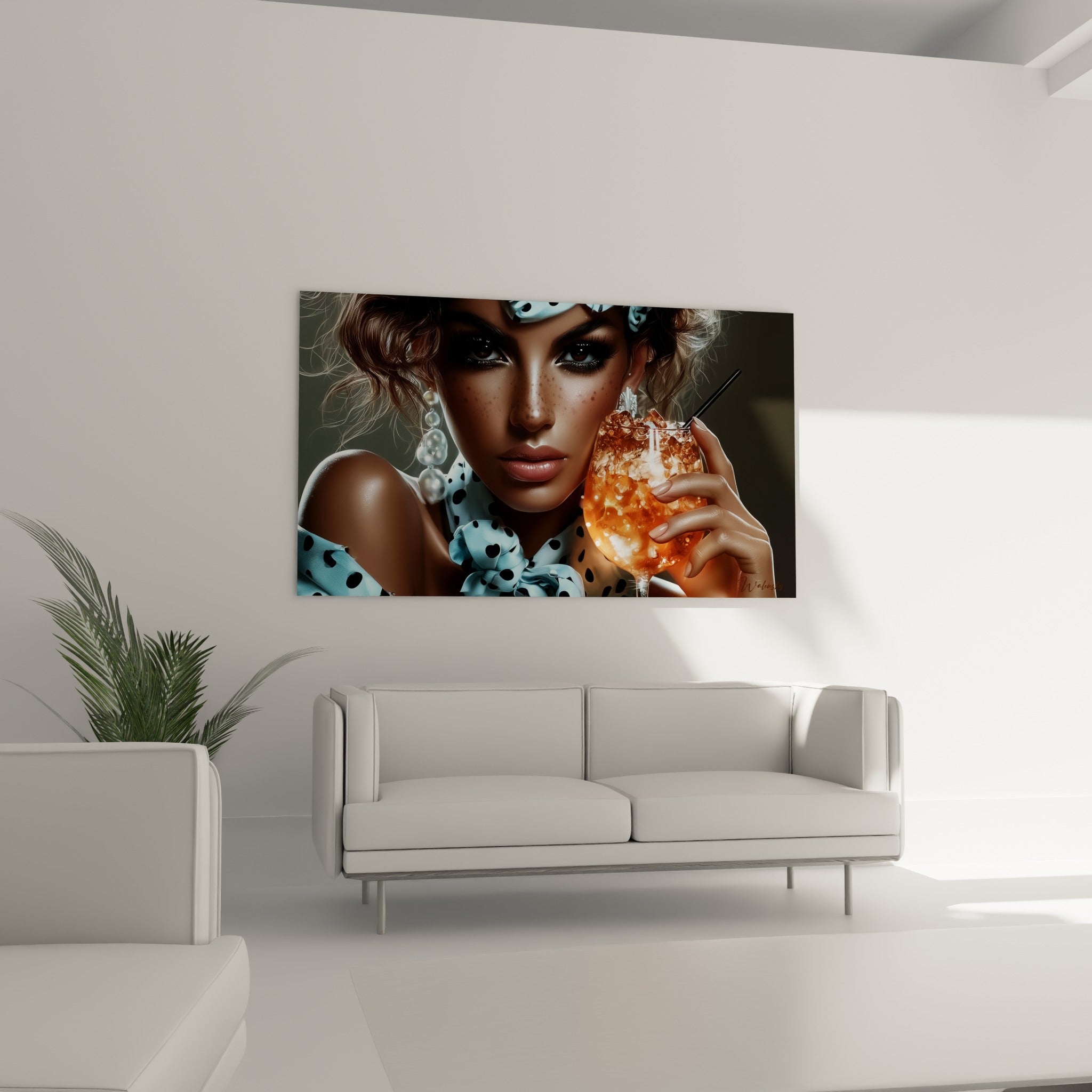 Regard intense et perles blanches sur fond bleu ciel et orange, accroché au-dessus d'un canapé dans un salon lumineux