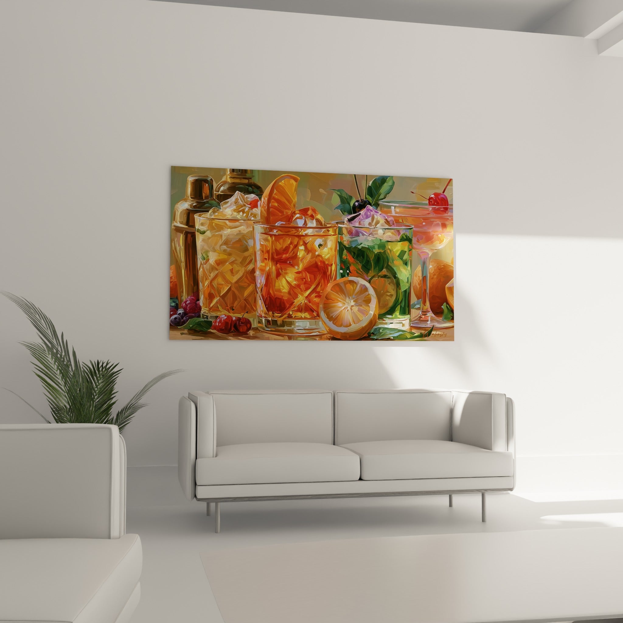 Cocktail doré et rose au-dessus d'un canapé dans un salon lumineux, cerises et menthe fraîche