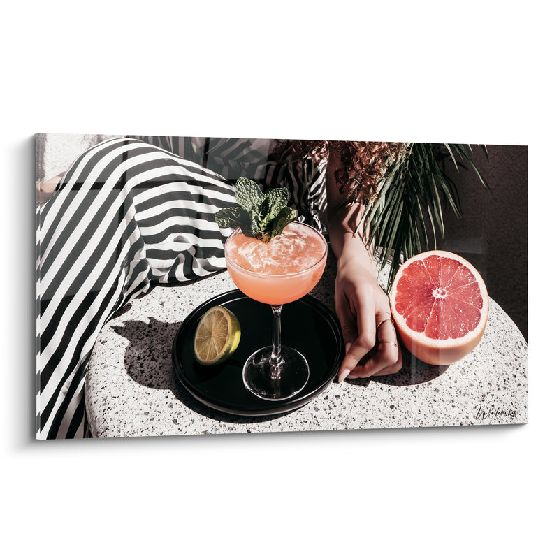 Tableau Coupe rose et noire au pamplemousse coupé - Rayures noires et blanches - Edition Cocktail