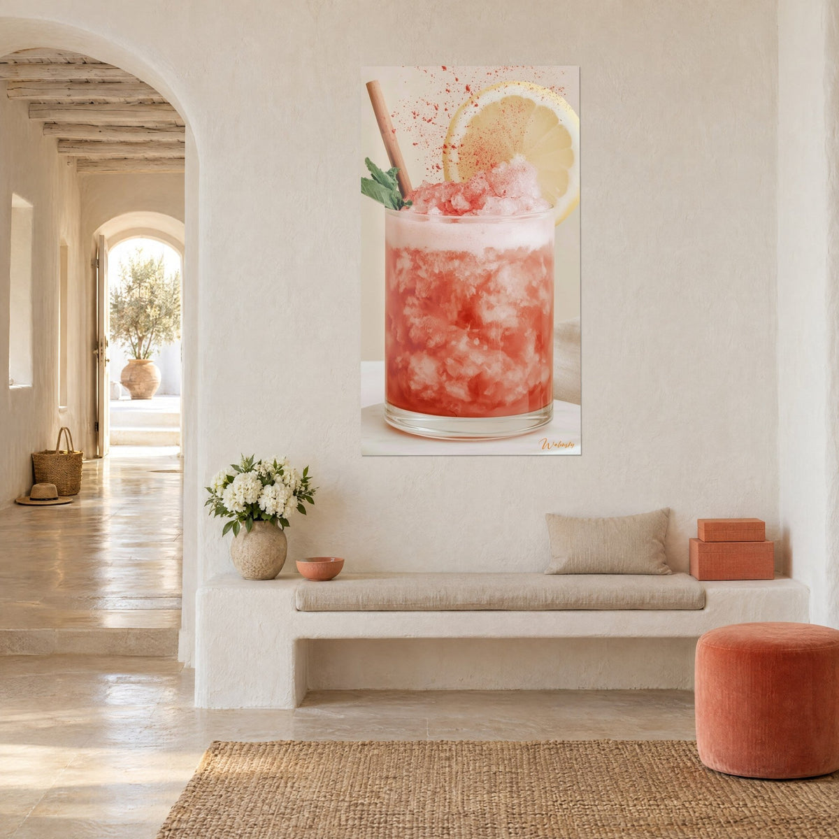 Tableau granité fraise surmonté d'une rondelle de citron jaune et de menthe verte, banquette en pierre blanche, vue de trois-quarts