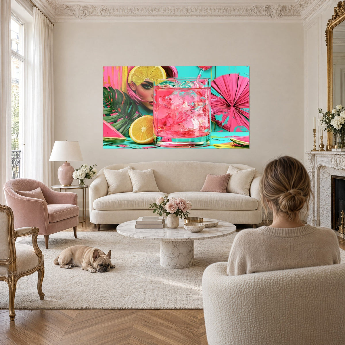 Tableau cocktail rose aux glaçons, visage aux yeux verts et citron jaune sur fond turquoise, accroché au-dessus d'un canapé dans un salon lumineux