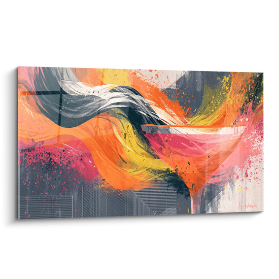 Verre cocktail rose et orange éclaboussé sur fond anthracite, mouvement pictural expressif et coloré