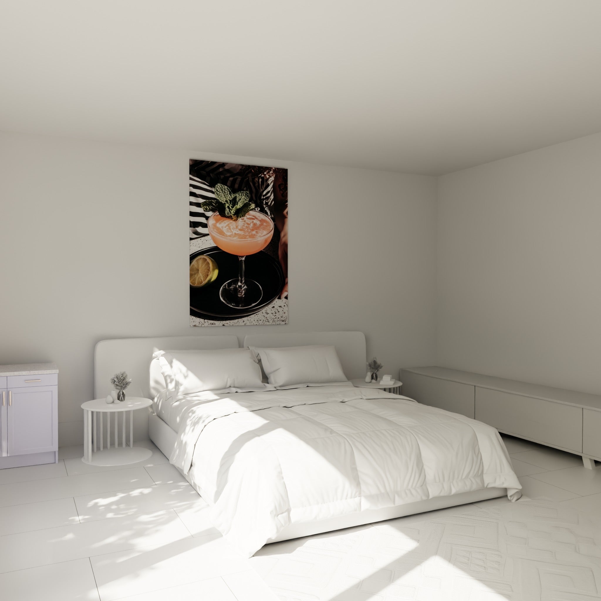 Cocktail rose et vert menthe encadré au-dessus d'un lit dans une chambre claire
