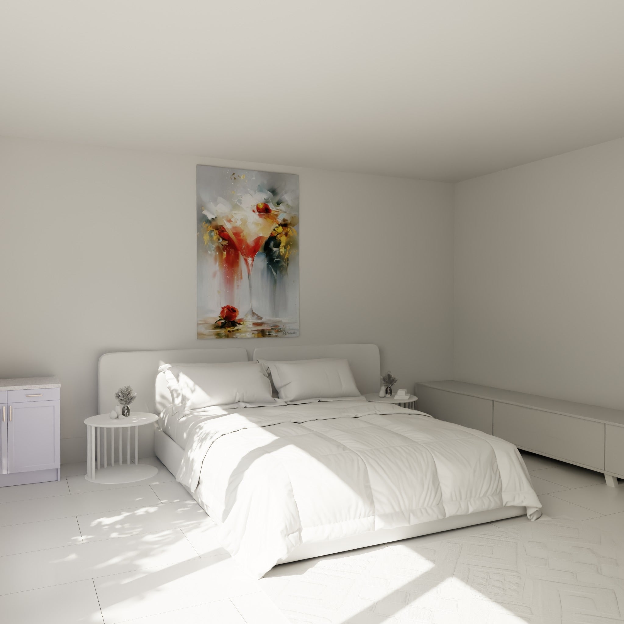 Roses rouges et verre cocktail doré peint au-dessus d'un lit dans une chambre claire