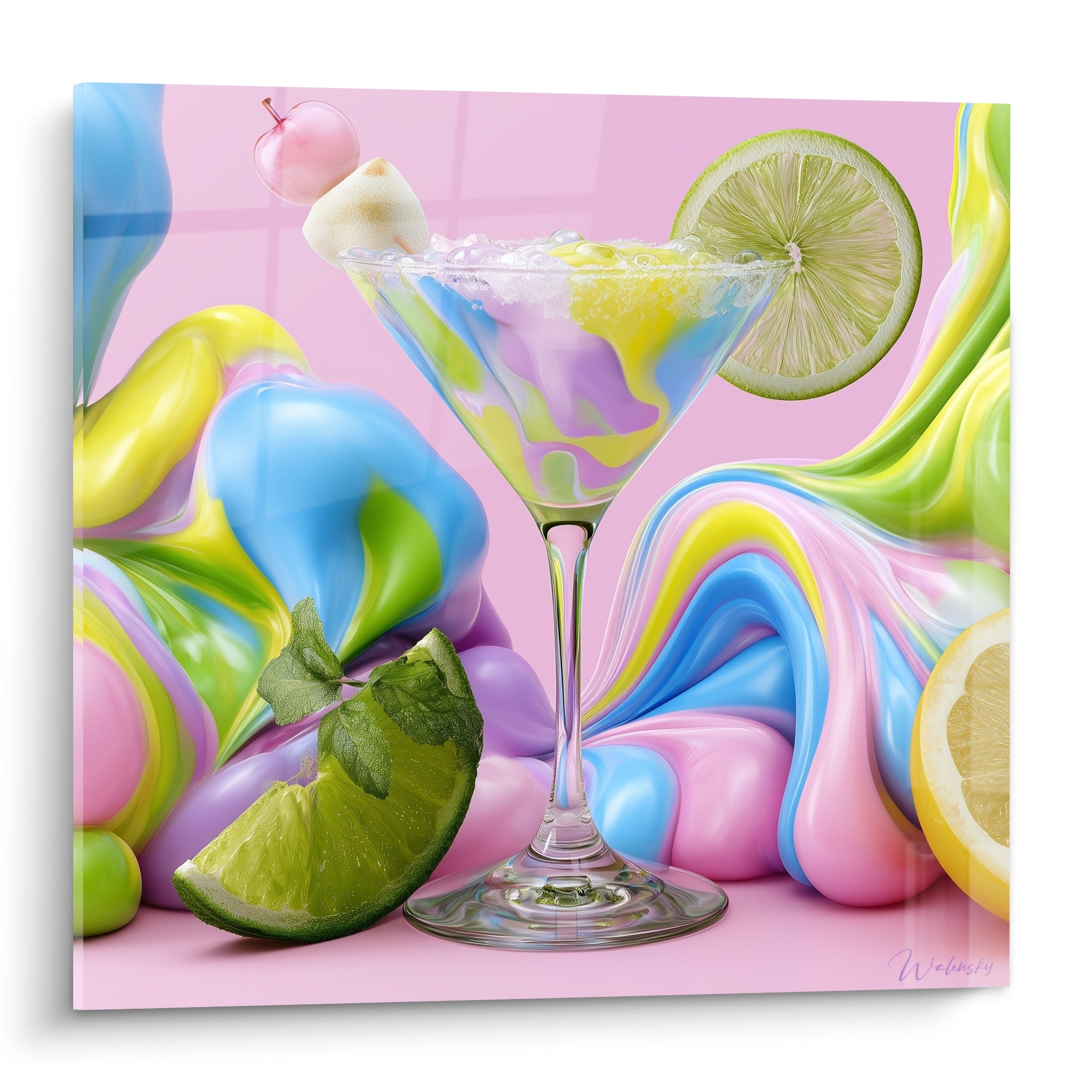 Cocktail rose et vert dans un verre à martini, vagues pastel fluides et citron vert givré
