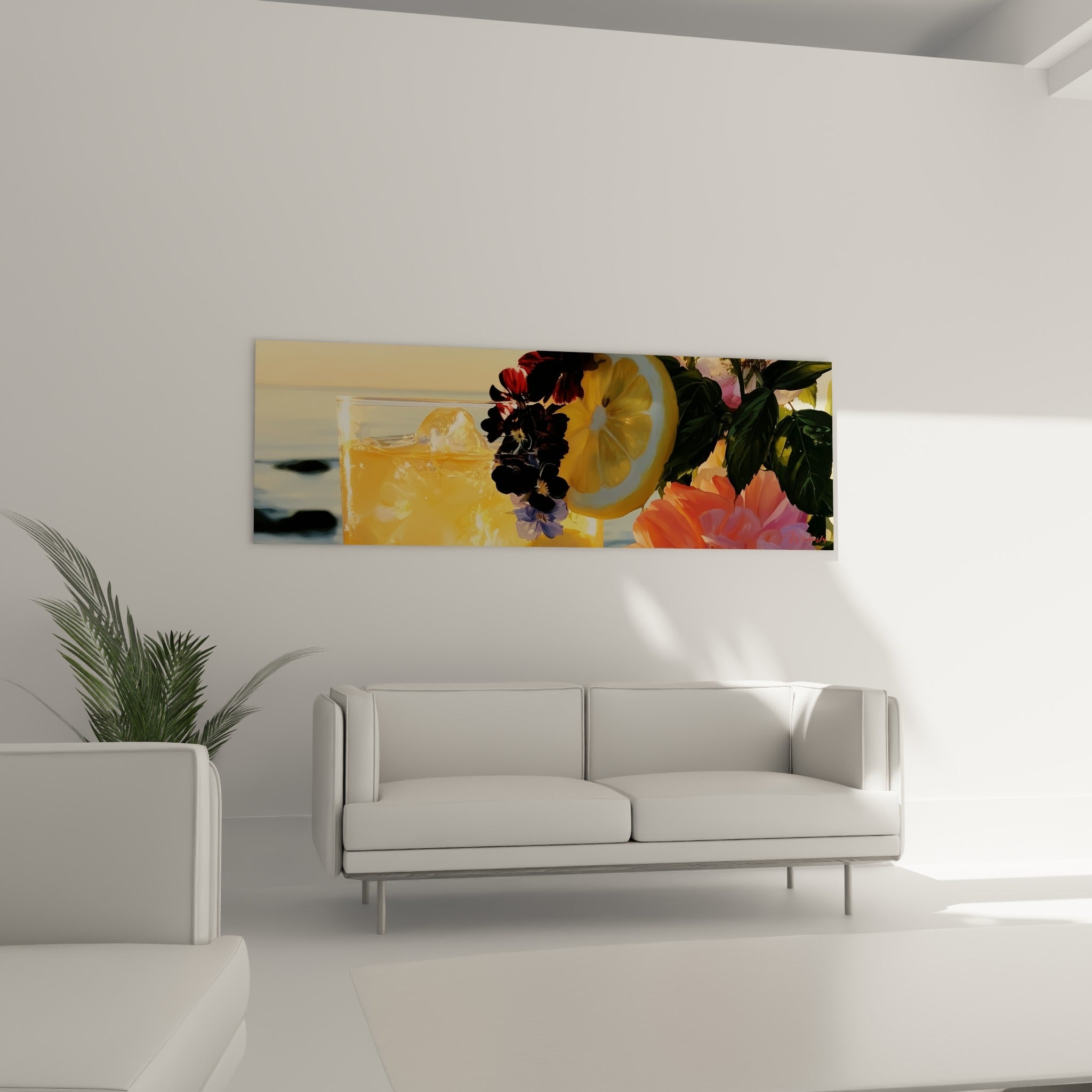 Citron translucide et pétales roses composent ce tableau suspendu au-dessus d'un canapé dans un salon lumineux