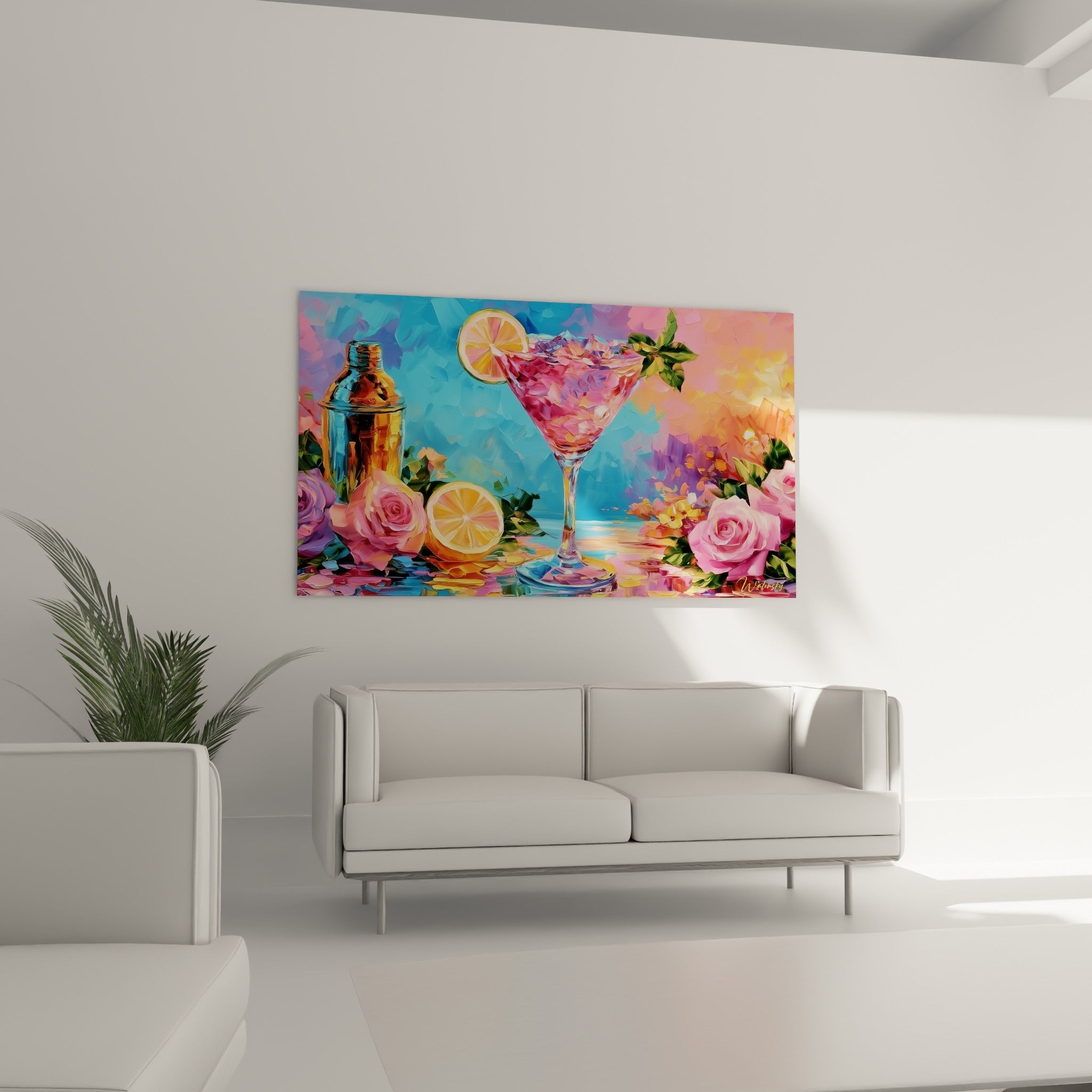 Roses roses et shaker doré encadrant un verre turquoise, disposés au-dessus d'un canapé dans un salon lumineux