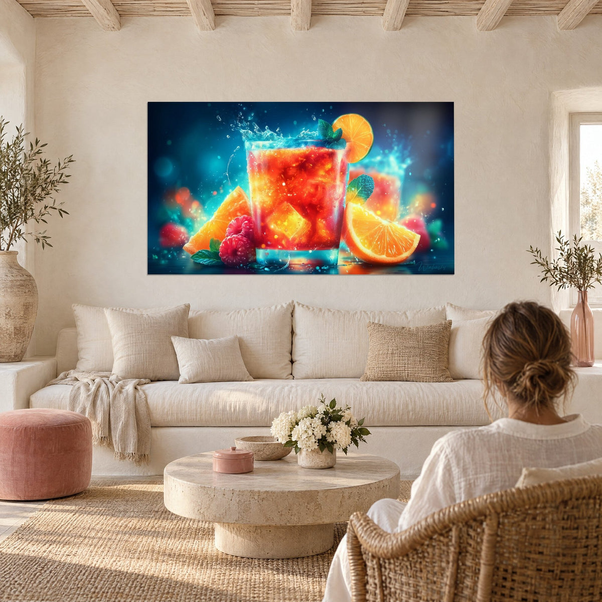 Tableau cocktail rouge orangé givré avec rondelle d'orange et menthe, éclaboussures bleues, au-dessus d'un canapé dans un salon lumineux