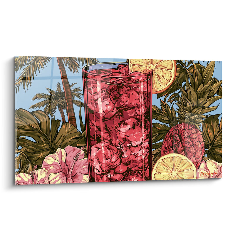 Tableau Verre rouge grenat aux palmiers bleus - Pause tropicale - Edition Cocktail