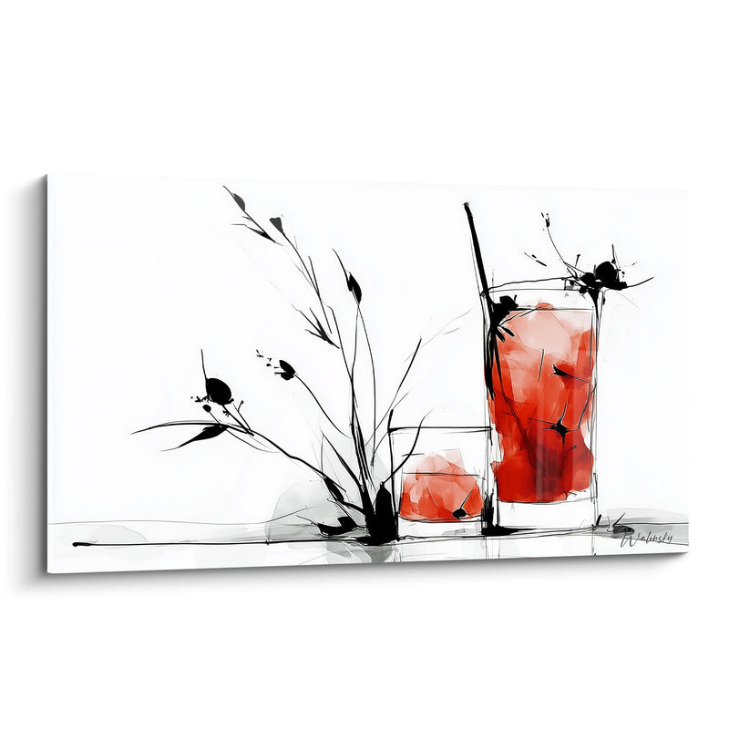 Tableau Verres rouge et noir aux branches encrées - Esquisse minimaliste au trait - Edition Cocktail