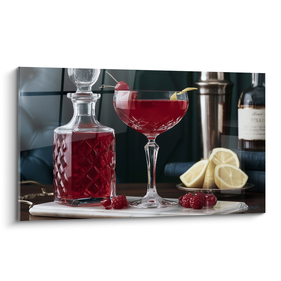 Tableau Coupe rouge rubis et carafe en cristal - Soirée au bar feutré - Edition Cocktail