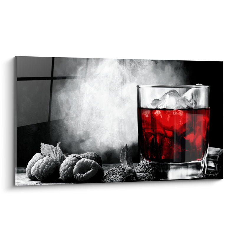 Tableau Verre rouge et noir aux framboises grisées - Fumée blanche en volutes - Edition Cocktail