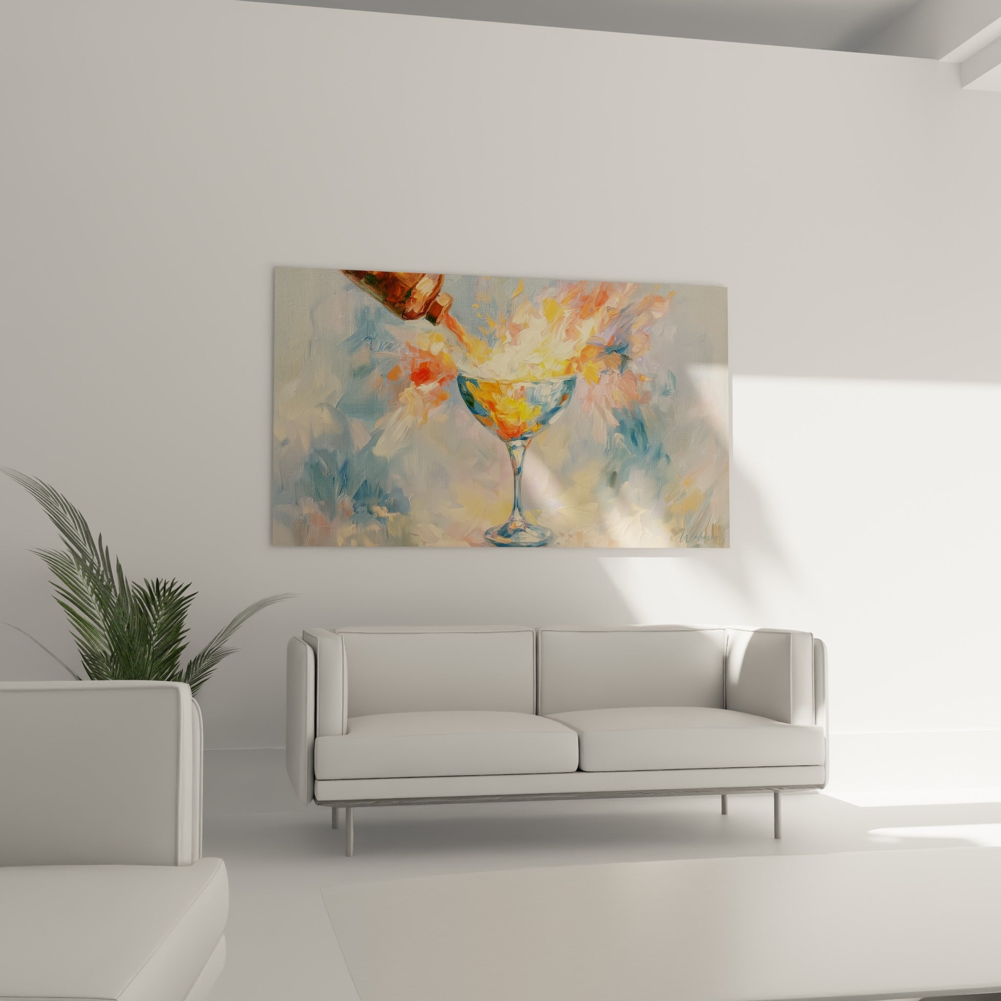 Verre à cocktail versé avec explosion dorée et bleutée au-dessus d'un canapé dans un salon lumineux