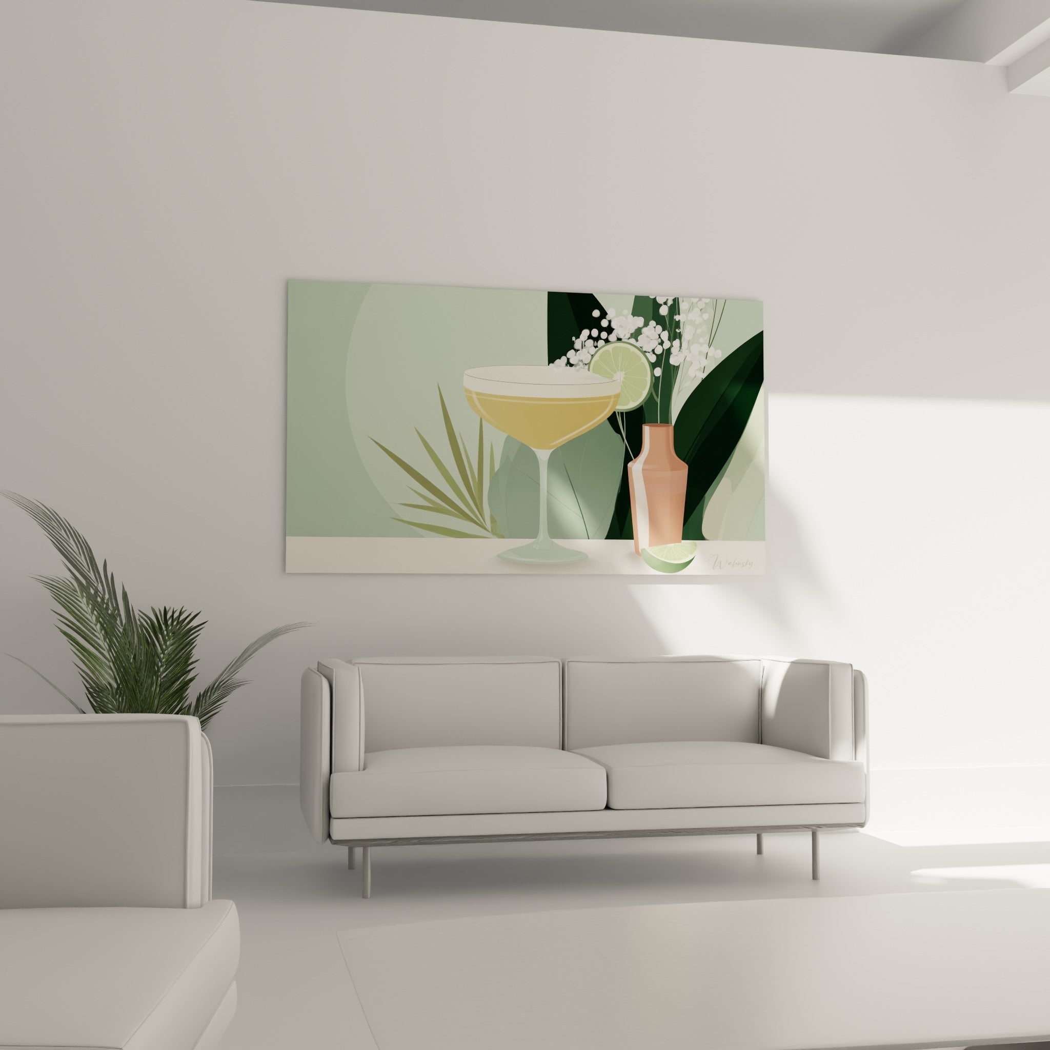 Coupe dorée garnie de lime et fleurs blanches au-dessus d'un canapé dans un salon lumineux