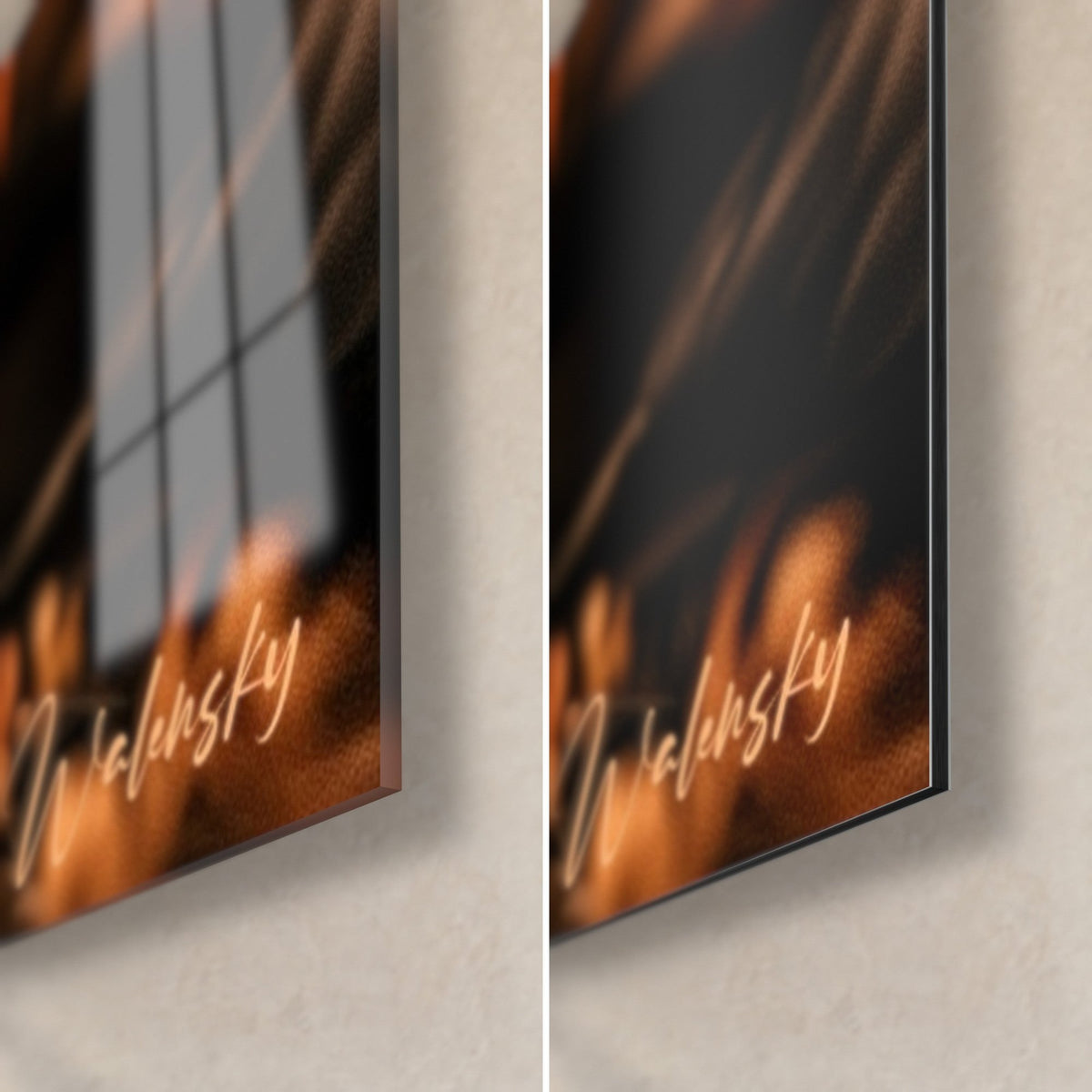 Tableau cocktail à la tranche d'orange, coin bas droit : verre acrylique brillant reflétant la fenêtre, Dibond noir mat, tranche 3 mm