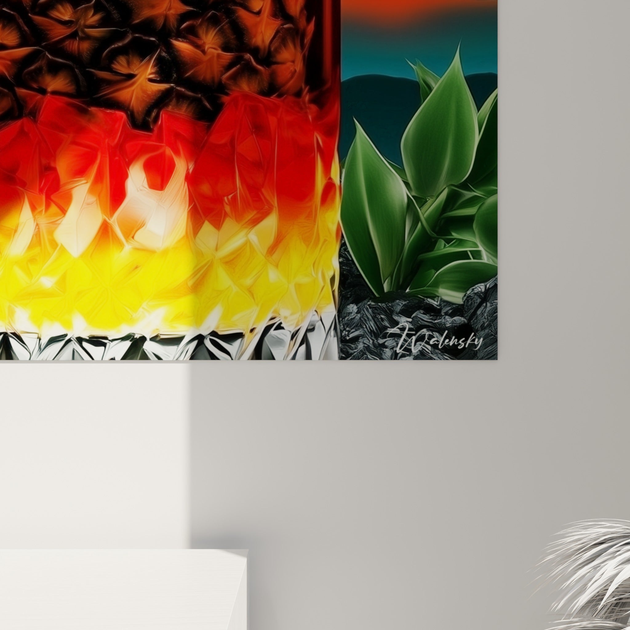 Empâtements rouges et orangés du verre, grain texturé de l'ananas du tableau Cocktail en gros plan