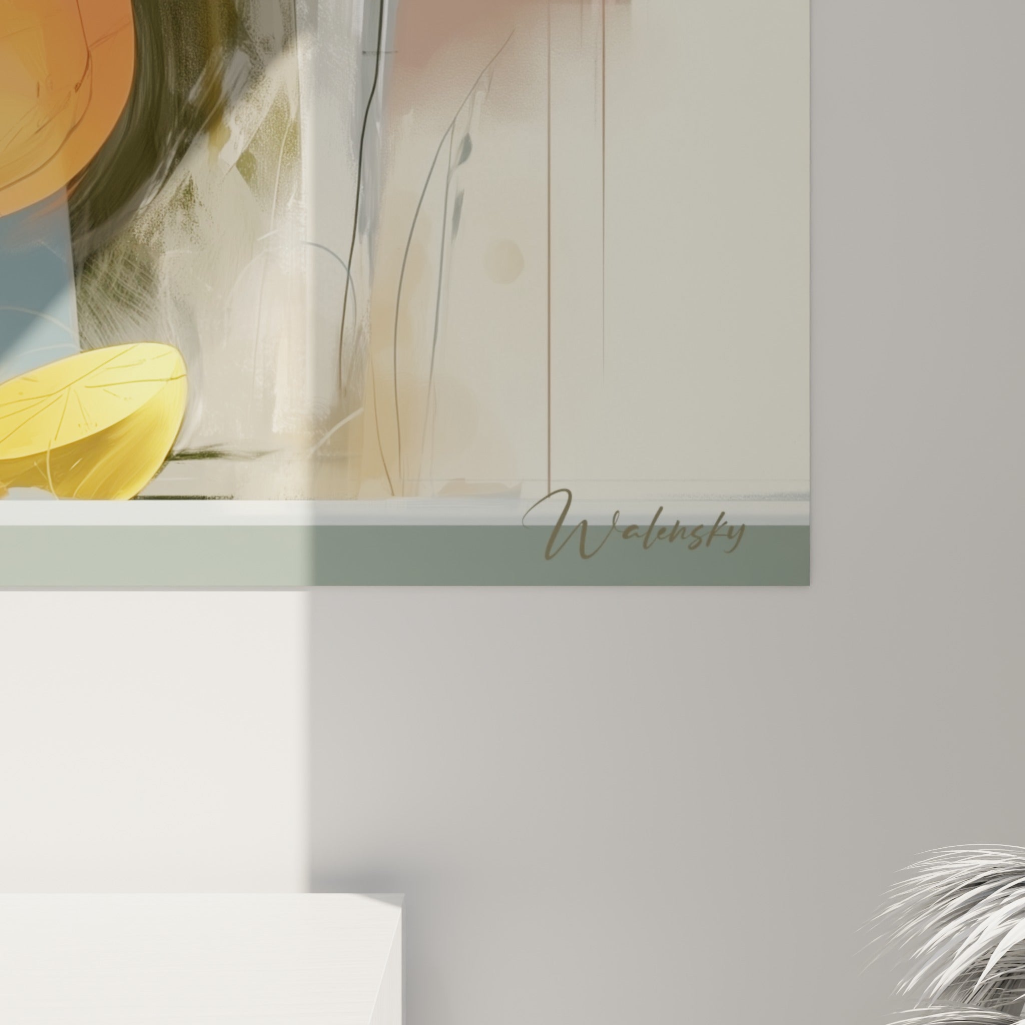 Empâtements orangés et coulures dorées visibles de près sur la coupe et le citron du tableau