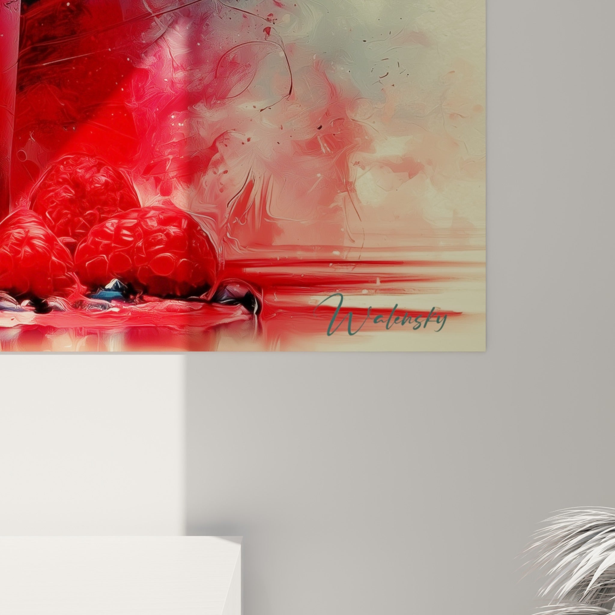 Empâtements rouge et bleu pétrole se mêlant en coulures sur la matière de la toile imprimée