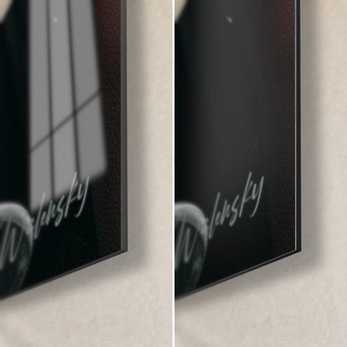 Wall art woman with pearls and red cocktail, bottom right corner: glossy acrylic glass on the left, matte black Dibond aluminium on the right, 3 mm edge