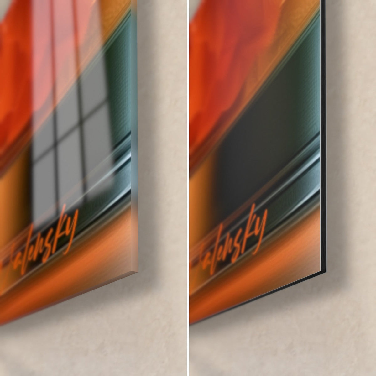 Tableau verres à whisky en fleurs orange, coin bas droit : verre acrylique brillant et reflets à gauche, alu Dibond mat noir à droite, tranche de 3 mm