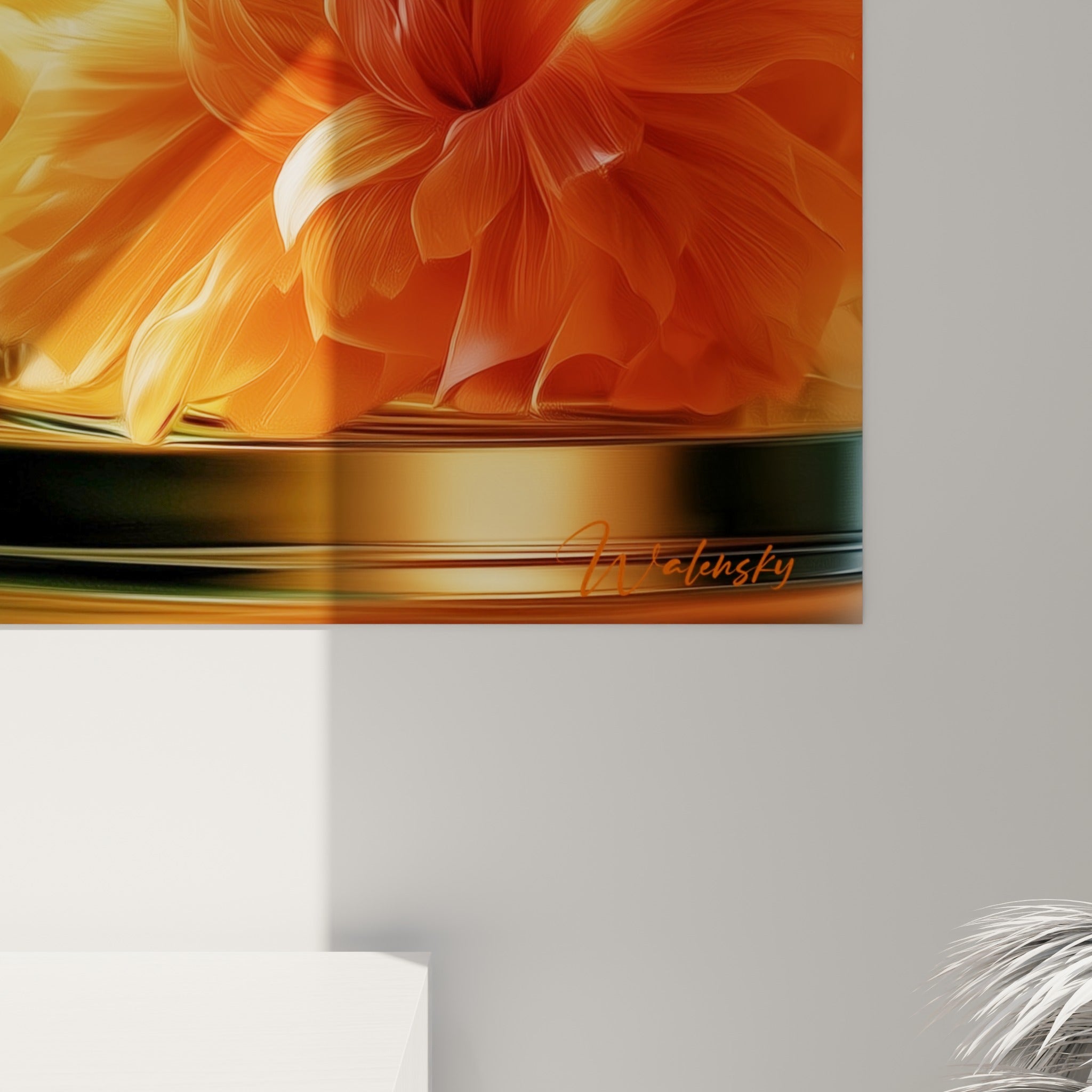 Empâtements dorés et coulures orange fauve se mêlant au turquoise glacé sur la matière de ce tableau Cocktail