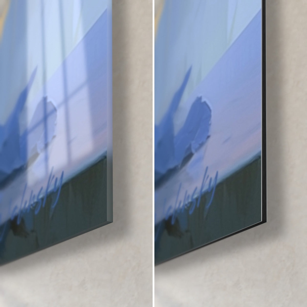 Schilderij cocktail in blauw en goud, detail rechtsonder: glanzend acrylvlak met reflecties en mat zwart Dibond, 3 mm dikte