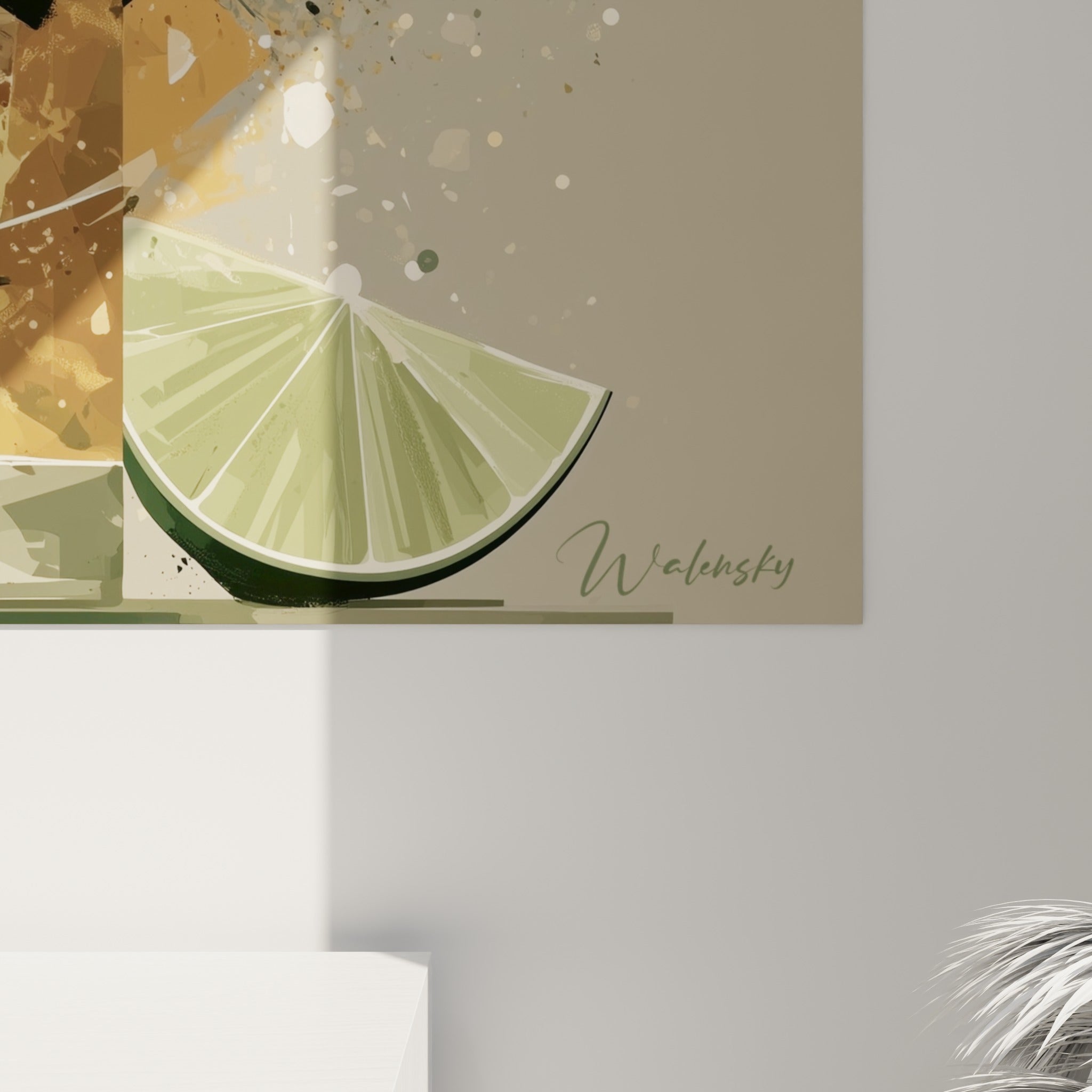 Détail des textures peintes du verre ambré, empâtements dorés et touches vertes se croisant sur la toile