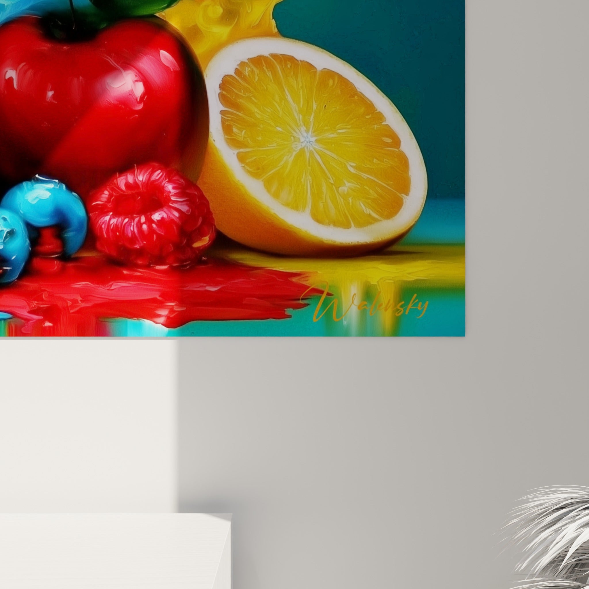 Empâtements colorés rouge et jaune du cocktail révélant le grain et la brillance de l'impression