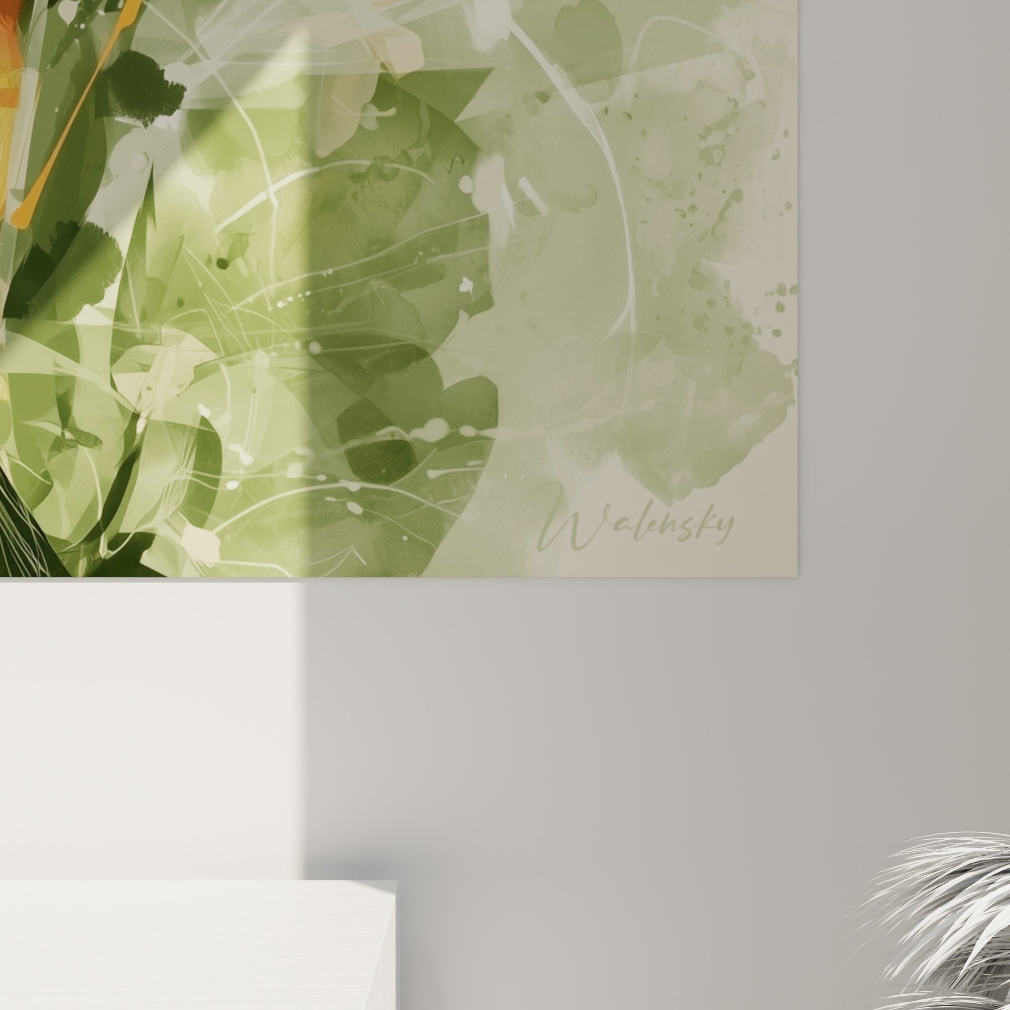 Empâtements orangés et coulures vertes visibles de près sur ce tableau cocktail accroché au mur
