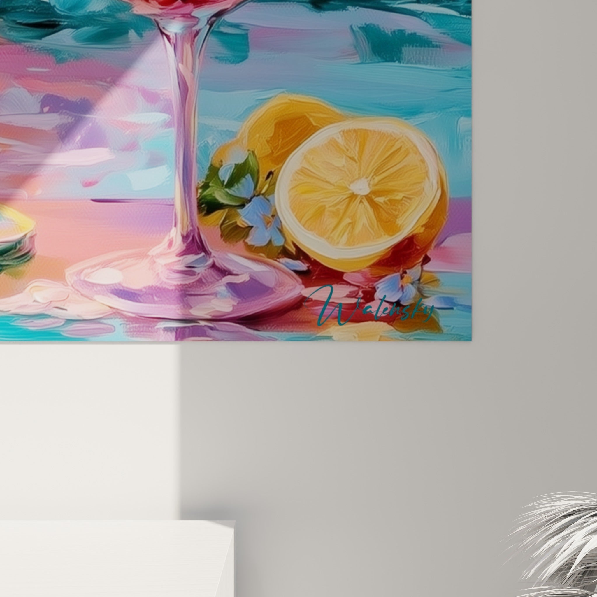 Empâtements roses et bleus texturés révélant la matière peinte du cocktail au coucher de soleil