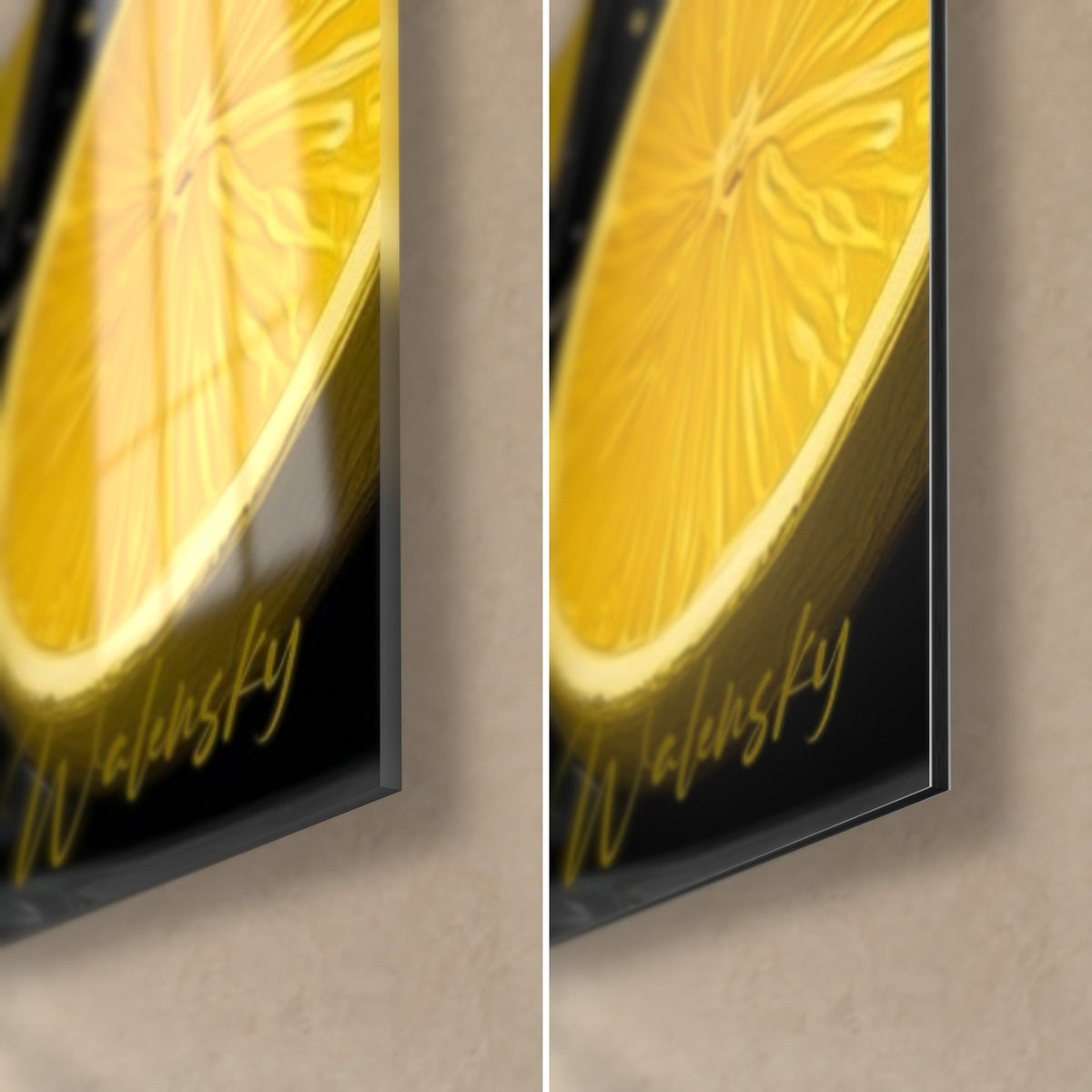 Tableau tranche de citron jaune éclatant, coin bas droit : verre acrylique brillant à gauche, Dibond noir mat à droite