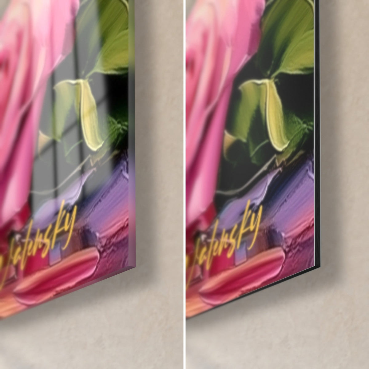 Gemälde rosa Martini, Ecke unten rechts: glänzendes Acrylglas links, matter Alu-Dibond rechts, 3 mm Kante sichtbar