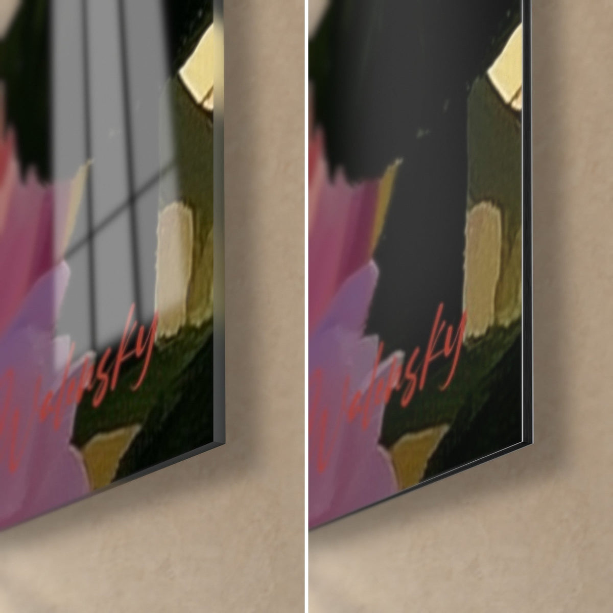 Tableau cocktail ambré, pétale rose et feuillage vert sombre, coin bas droit : tranche de 3 mm, verre brillant à gauche, Dibond mat à droite