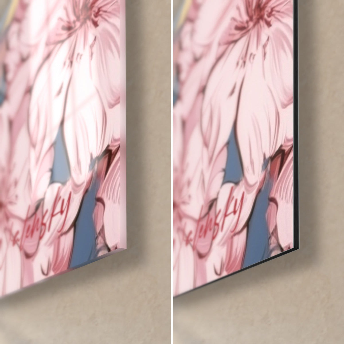 Tableau cocktail framboise aux pétales de cerisier roses, coin bas droit, verre acrylique brillant et Dibond noir mat