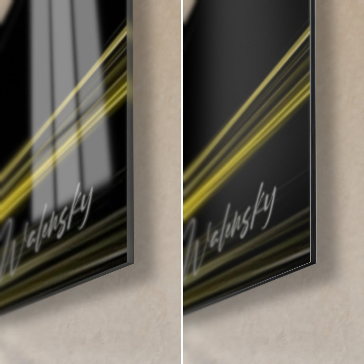 Tableau coupe à martini, coin bas droit : verre acrylique brillant aux reflets et alu Dibond mat, filets dorés, signature Walensky