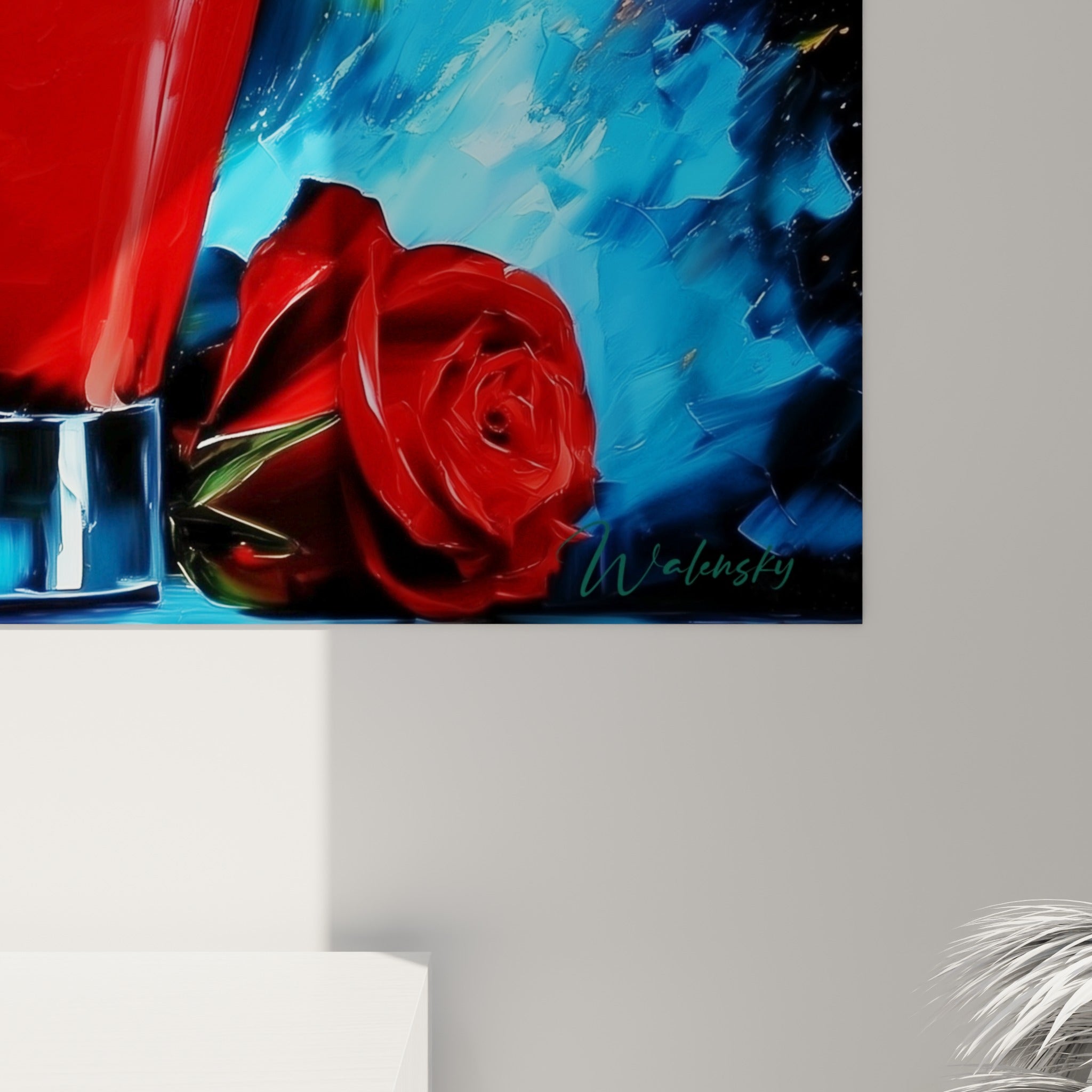 Empâtements rouges et jaunes du verre à cocktail, coulures bleues sur toile texturée