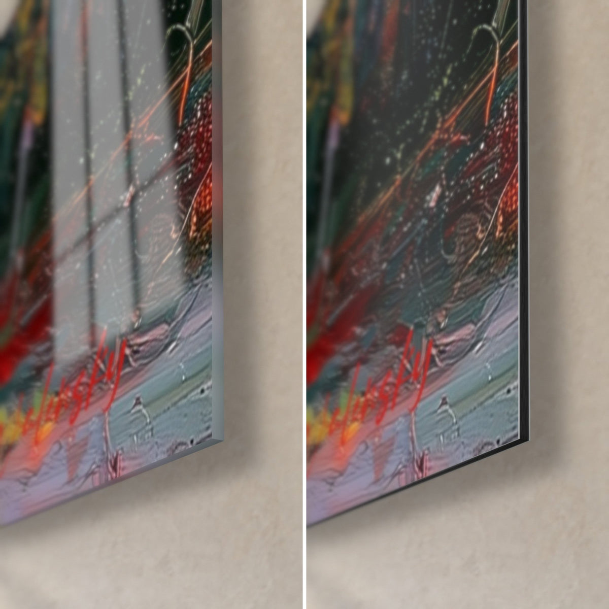 Tableau martini rouge sur fond gris-bleu, coin bas droit : verre acrylique brillant à gauche, Dibond noir mat à droite, tranche 3 mm