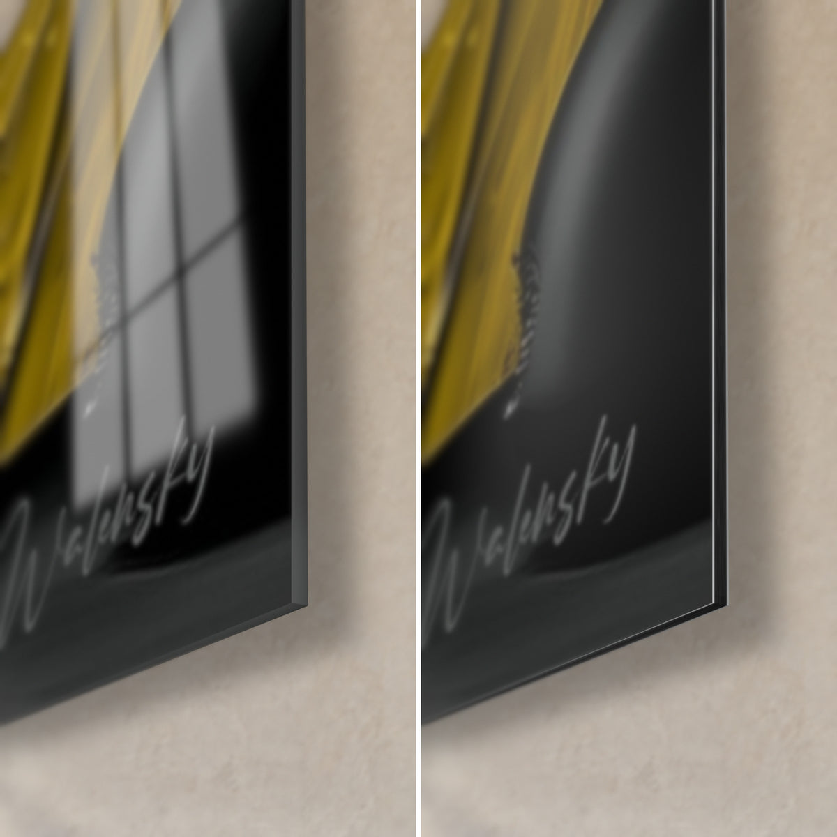 Quadro martini giallo e nero, angolo in basso a destra, firma Walensky, vetro acrilico lucido e Dibond opaco, spessore 3 mm