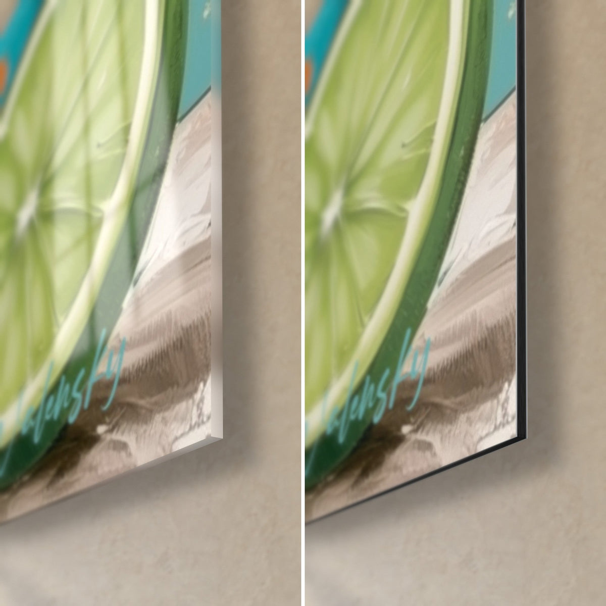Tableau citron vert en tranche, coin bas droit : verre acrylique brillant à gauche, alu Dibond mat à droite, tranche 3 mm