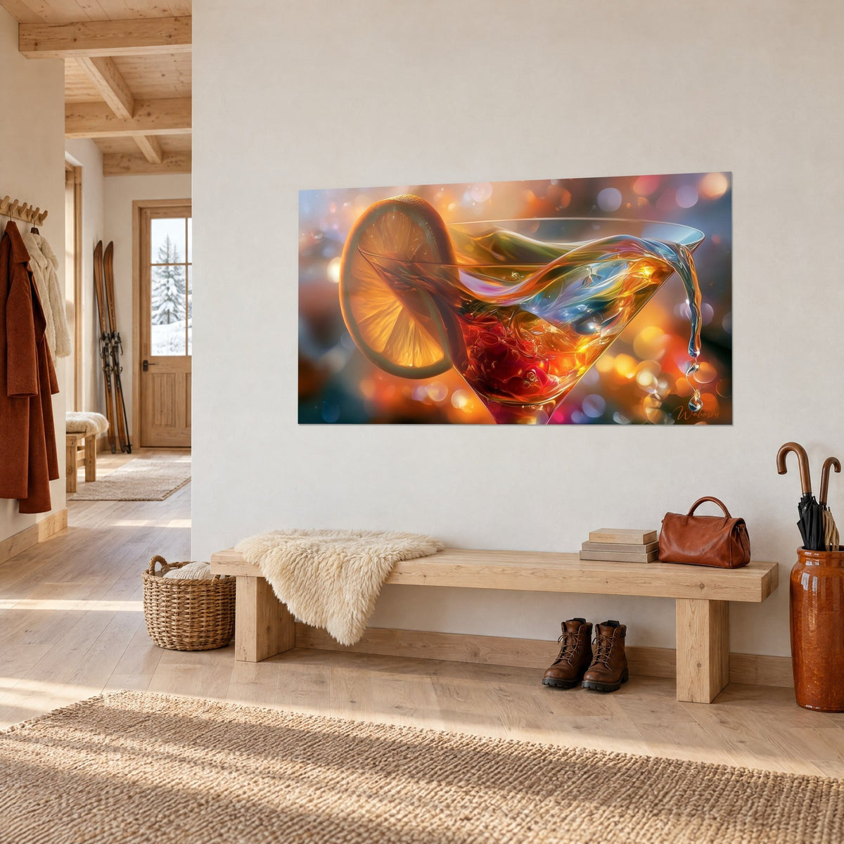 Tableau coupe à pied éclaboussée de reflets orange et turquoise, bokeh coloré en fond, accroché au-dessus d'un banc en bois dans l'entrée du chalet
