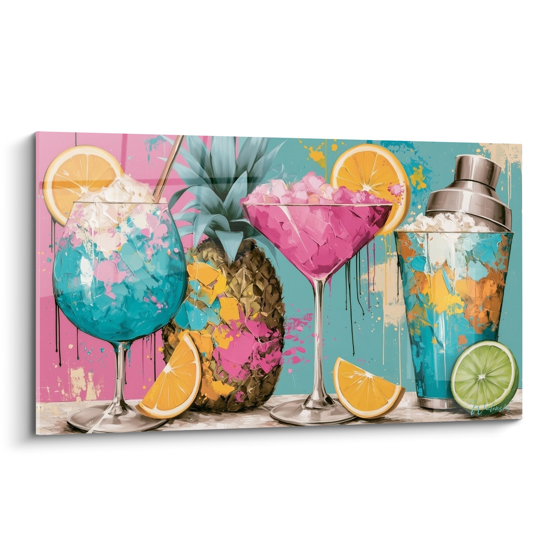 Verres cocktail turquoise et rose entourés d'un ananas doré et de tranches d'orange vives