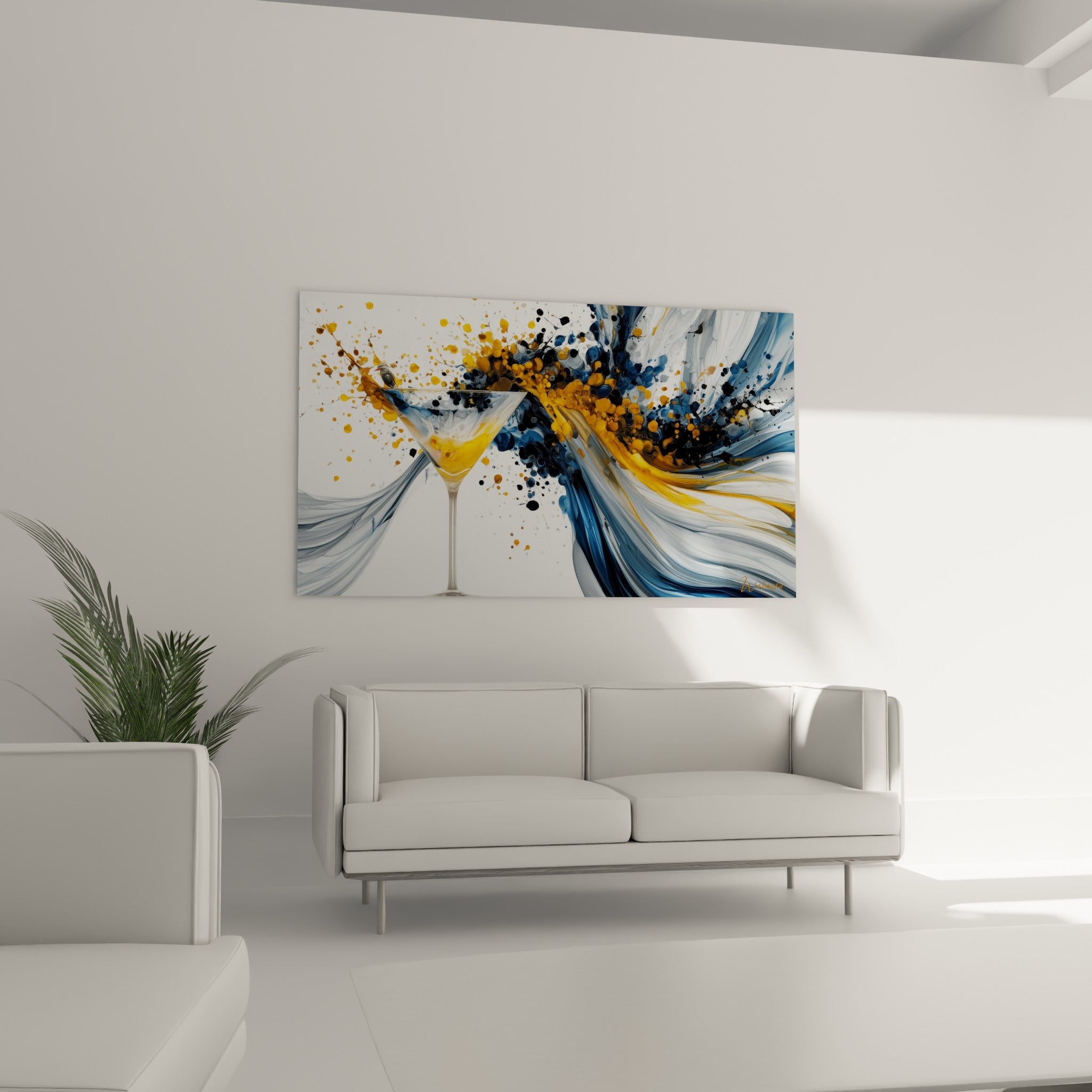 Martini jaune ocre entouré de volutes anthracite et dorées, au-dessus d'un canapé dans un salon lumineux