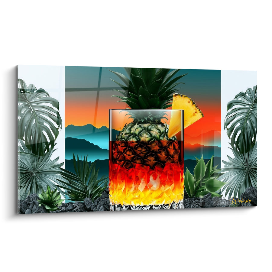 Tableau Verre ambré aux feuilles tropicales - Escapade tropicale - Edition Cocktail
