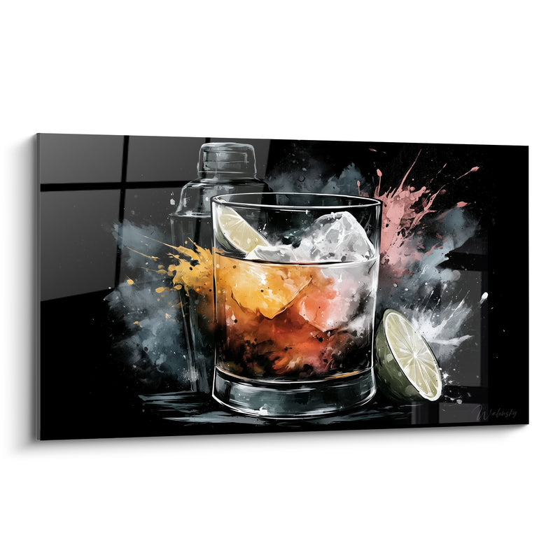 Tableau Verre ambré au citron vert éclaboussé - Éclaboussure nocturne - Edition Cocktail